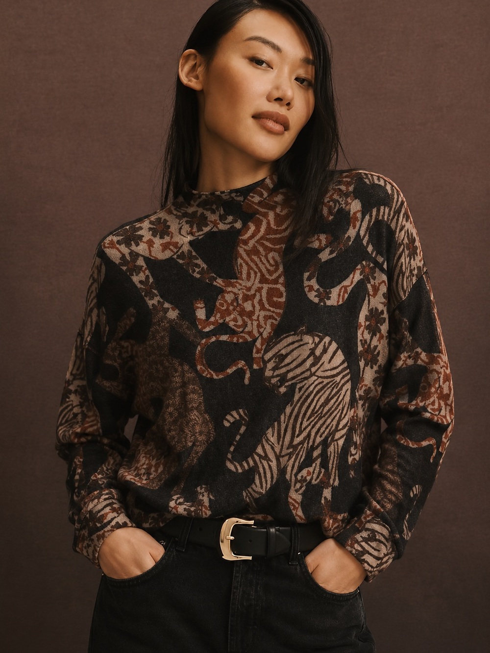 Anthropologie PILCRO 100% Cashmere Animal Print Mock Neck Sweater XS